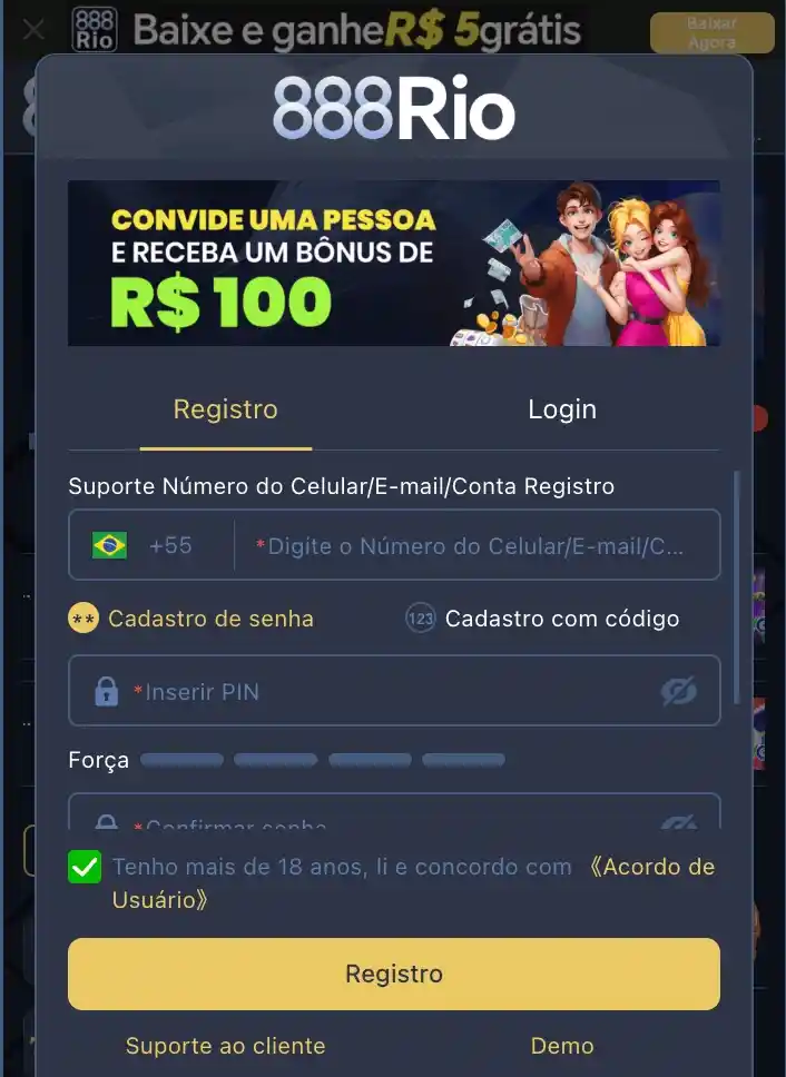 Tela de registro do 888RIO Cassino